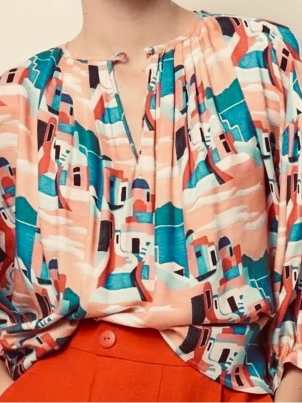 Corey Lynn Calter Coral and Teal Abstract Print Blouse
